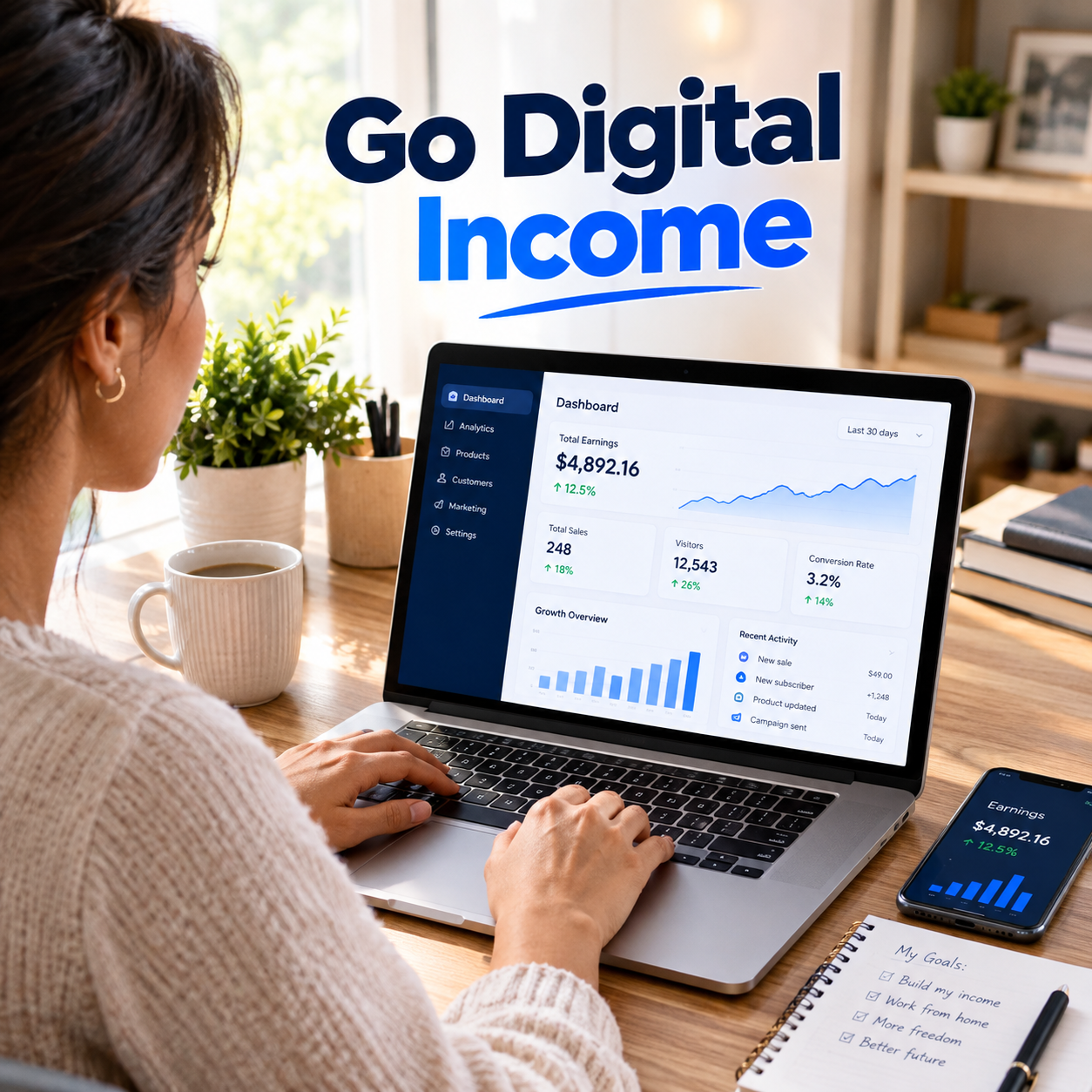 Go Digital Income product artwork: a home workspace with a laptop, phone, and goals notebook