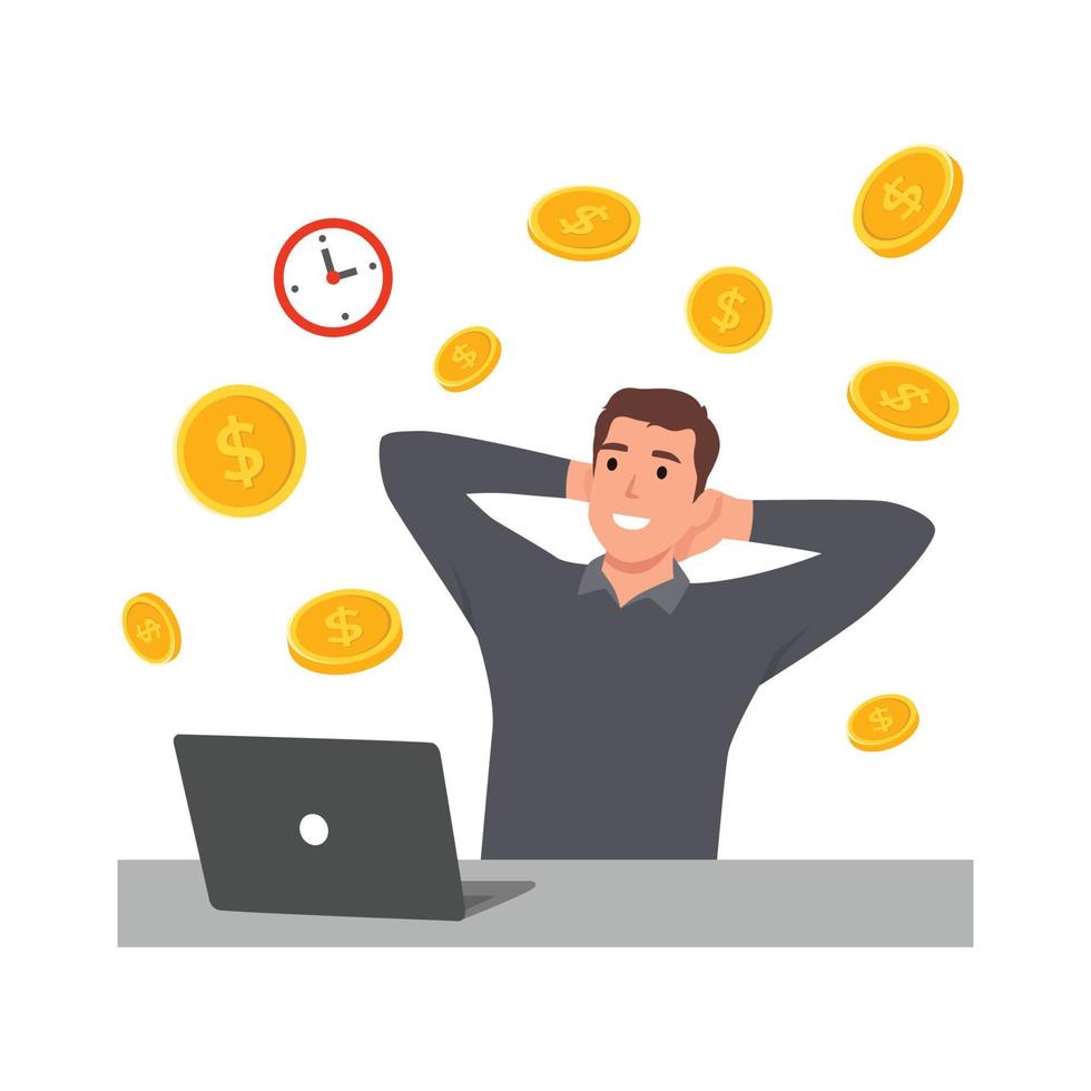 Supplied illustration of a relaxed laptop user surrounded by coins and a clock